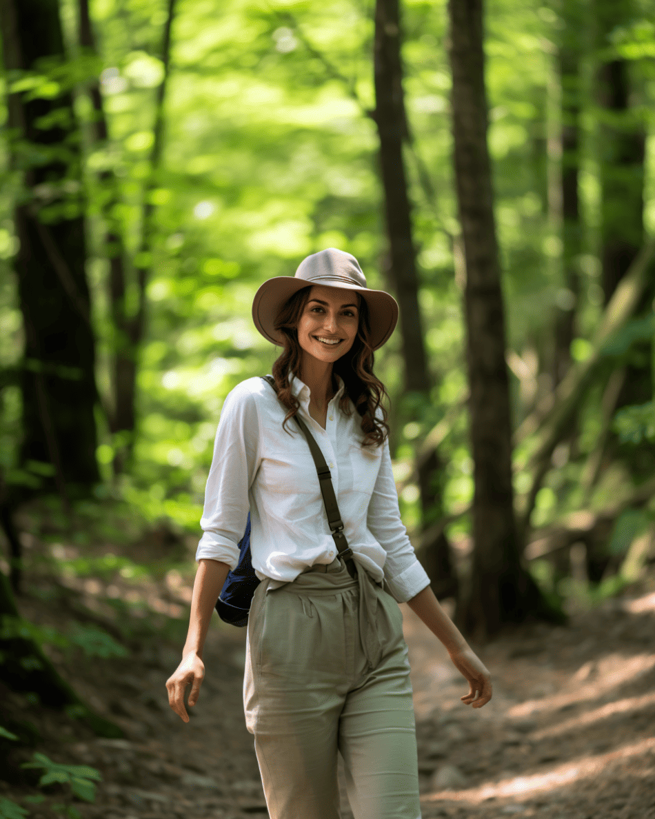 smiling woman hiking in the forest in summer