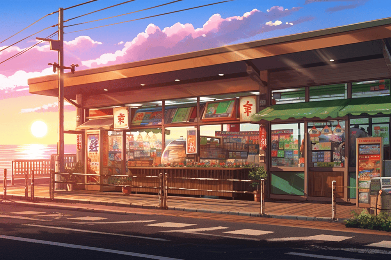 illustration of japanese convenience store near the ocean at sunset